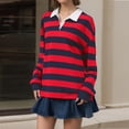 thumbnail image 6 of Women Long Sleeve Striped Polo Shirt Oversized Collar Y2k Pullover T Shirt Casual Loose Streetwear Rugby Sweatshirt，Wine，2XL, 6 of 7