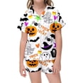 thumbnail image 2 of Yuncity Girls Halloween Pajamas Funny Print Button Down Short Sleeve Top Shorts 2 Piece Sleepwear Summer Fall Casual Cozy Festival Party Nightwear,Size 0-13 Years White, 2 of 4