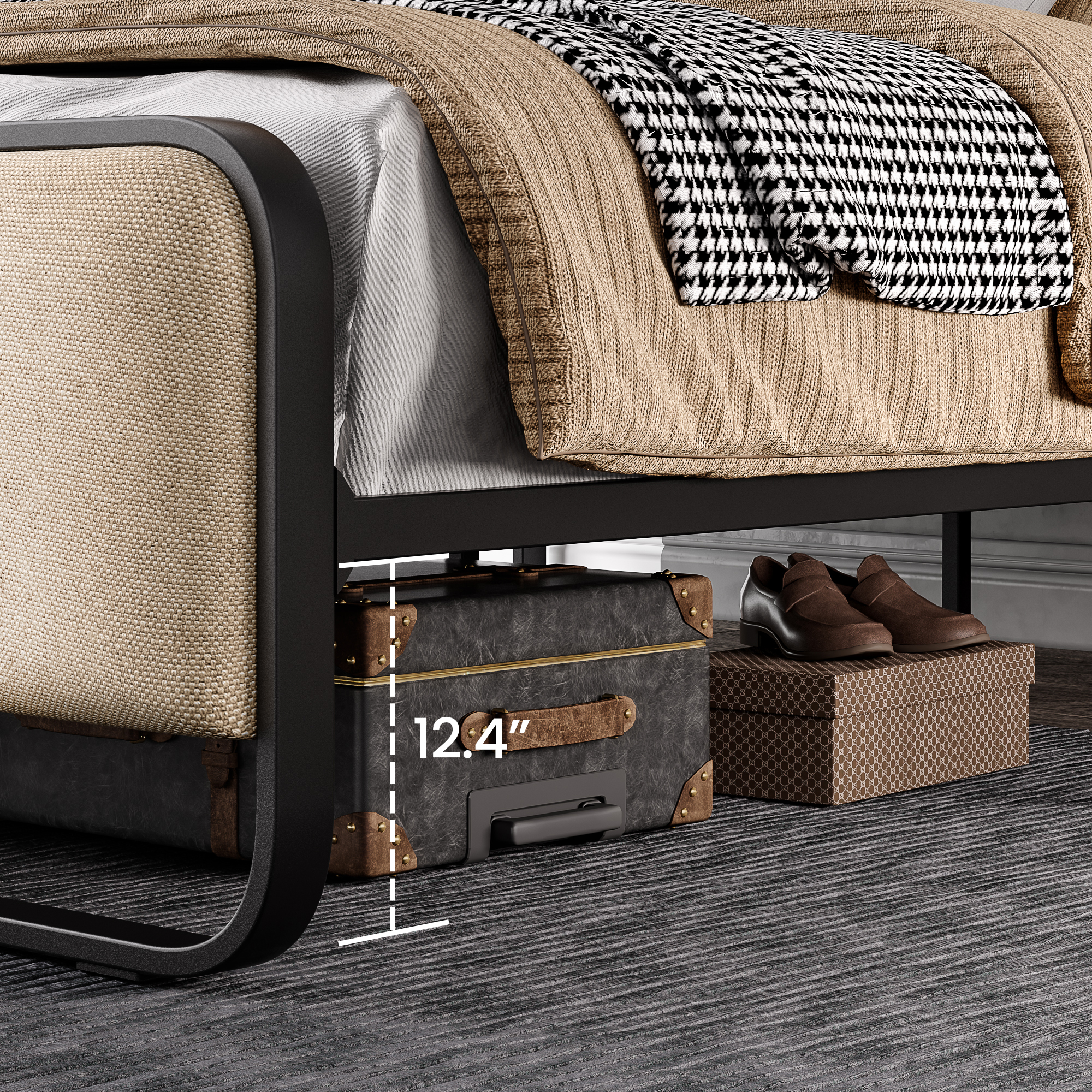 SHA CERLIN Full Size Metal Platform Bed Frame with Curved Headboard and Under-bed Storage, Beige