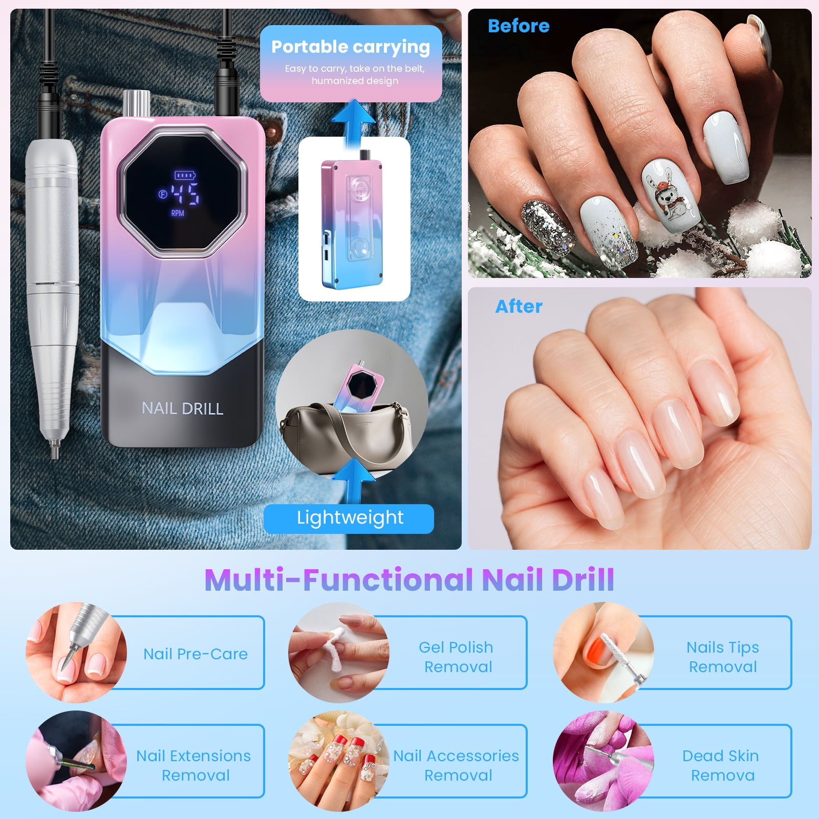 FETERVIC Professional Nail Drill Kit 45000 RPM, Rechargeable Electric Nail File , Cordless E-File Machine with LCD Display & 24 Drill Bits for Acrylic, Gel Nails & Cuticle Care