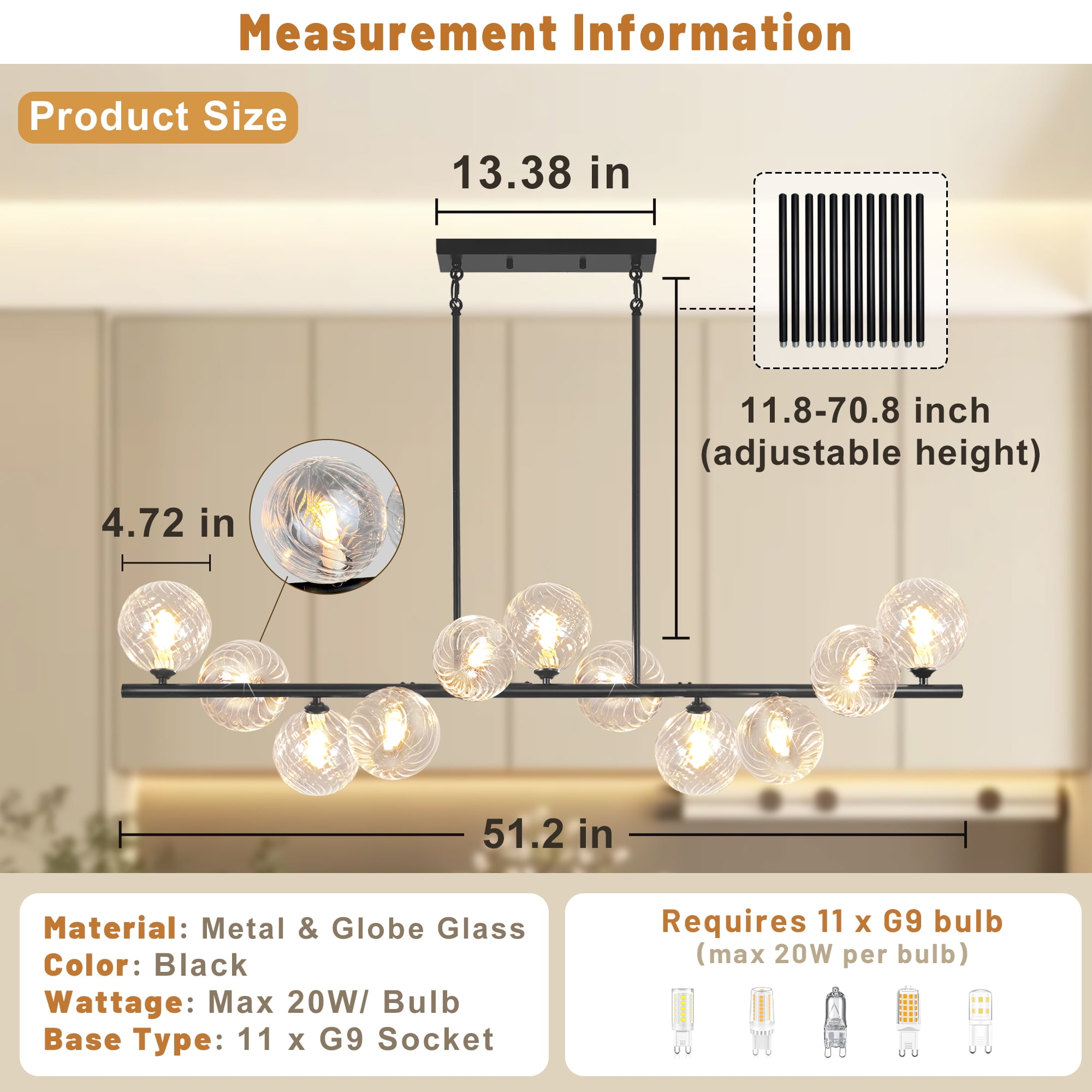 Auffel Linear Chandelier Chandeliers for Dining Room with Clear Swirled Glass Globe Dining Room Light Fixture for Kitchen Island Living Room 51inch 11-Lights Black