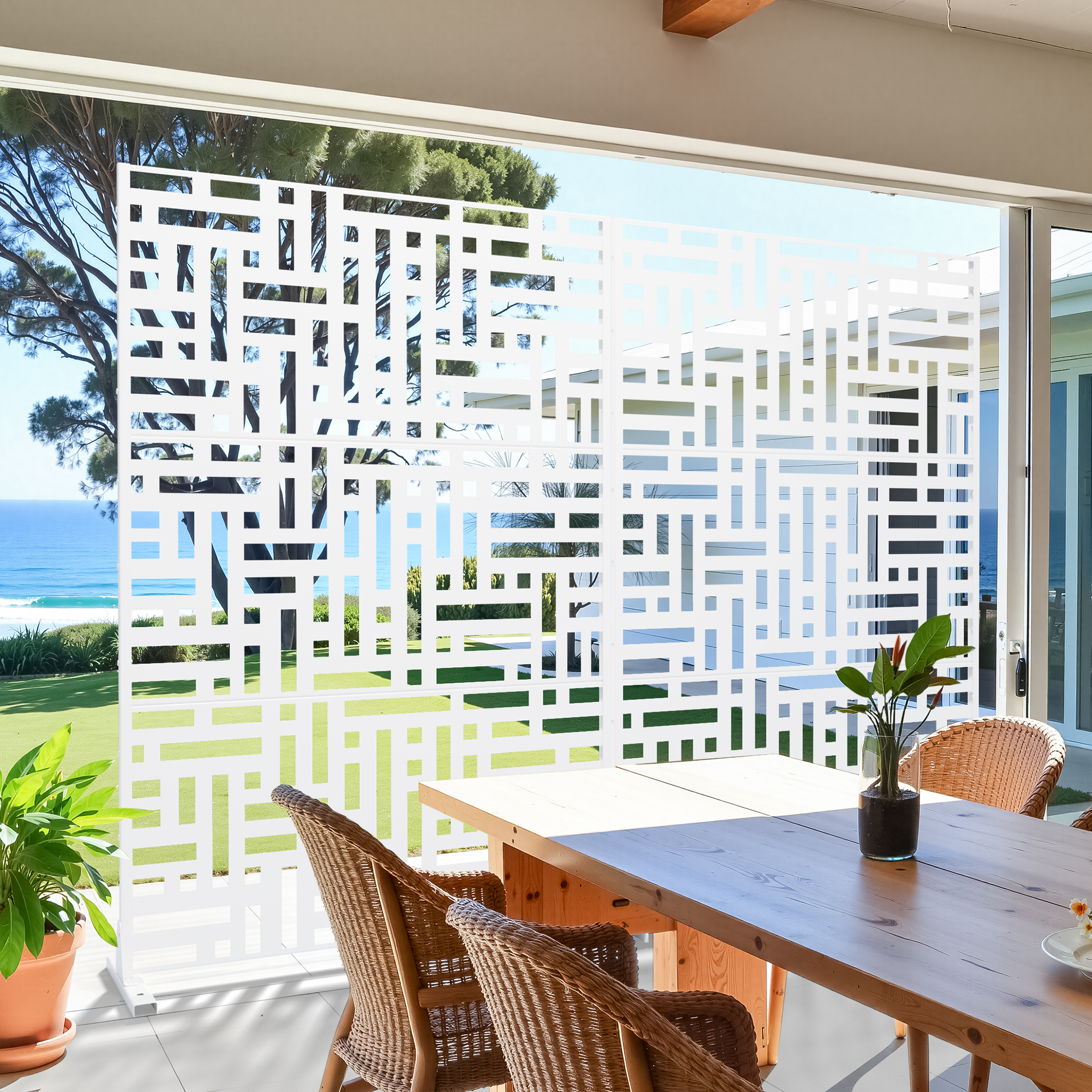 MAYEERTY 72" × 47" Outdoor Privacy Screen, 3 Panels Metal Decorative Screen, White