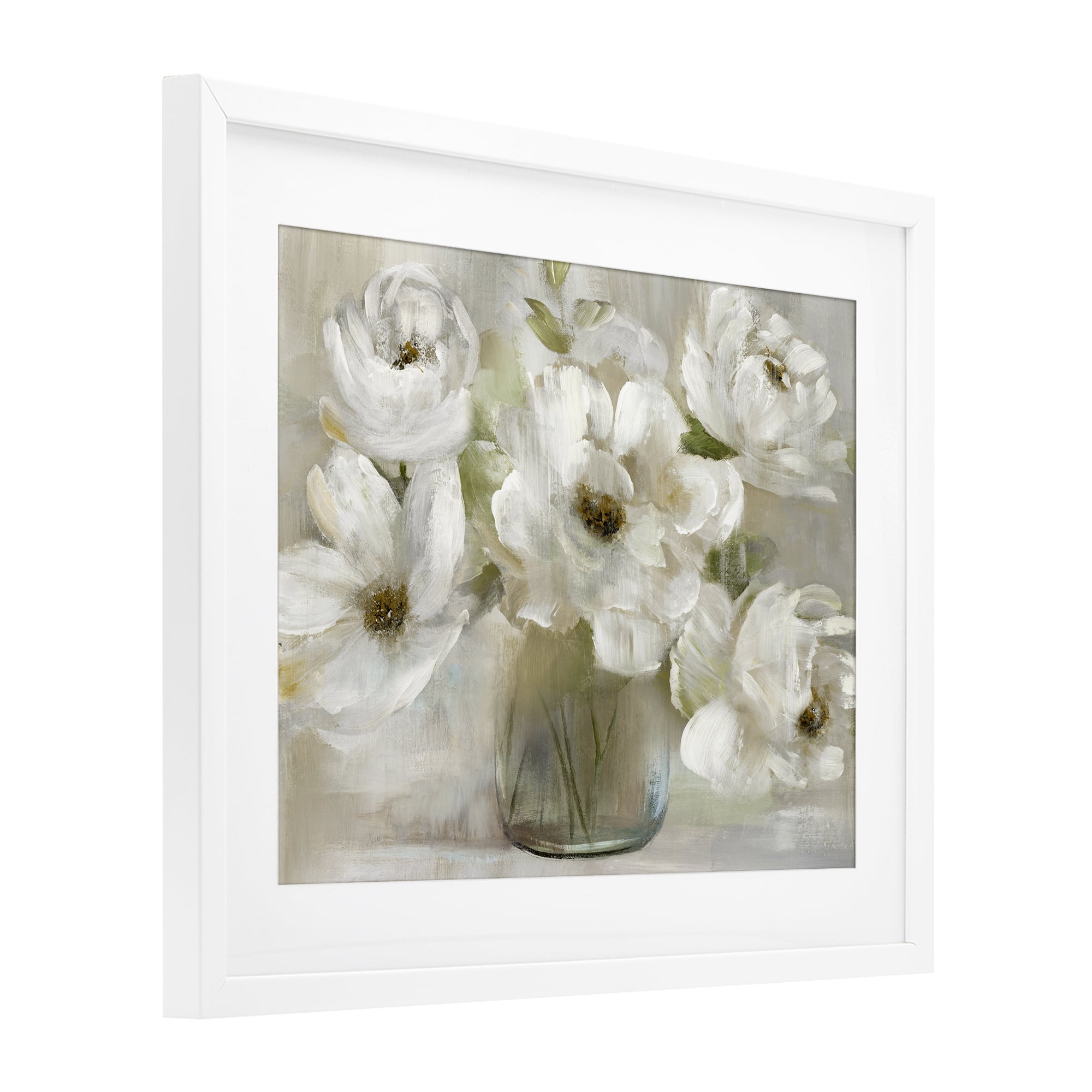 Stupell Industries Gentle White Petals in Vase White Framed Print Under Glass, design by Nan