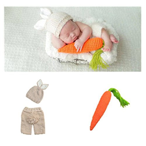 Infant Newborn Monthly Baby Boys Girls Handmade Knit Photography Props Easter Rabbit Hat Shorts with Carrot Outfits Set 