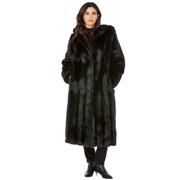 Plus Size Full Length Faux Fur Coat, Black Hooded Fur Coat Womens