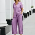 thumbnail image 4 of Summer Akafmk Womens Two Piece Sets,Womens Two Linen Set,Turndown Collar Buttons Up Short Sleeve Shirts and Wide-Leg Long Pants Solid Color Women Sets Clothing Outfit, 4 of 4