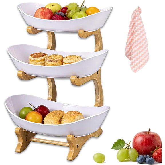 3-Tier Fruit Basket Oval Bamboo Stand Kitchen Countertop Storage