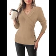 thumbnail image 2 of Suéteres de Larga con Cuello en V para Mujer, Suéteres Cruzados y Fruncidos, Blusas de Otoño Caqui S, 2 of 8