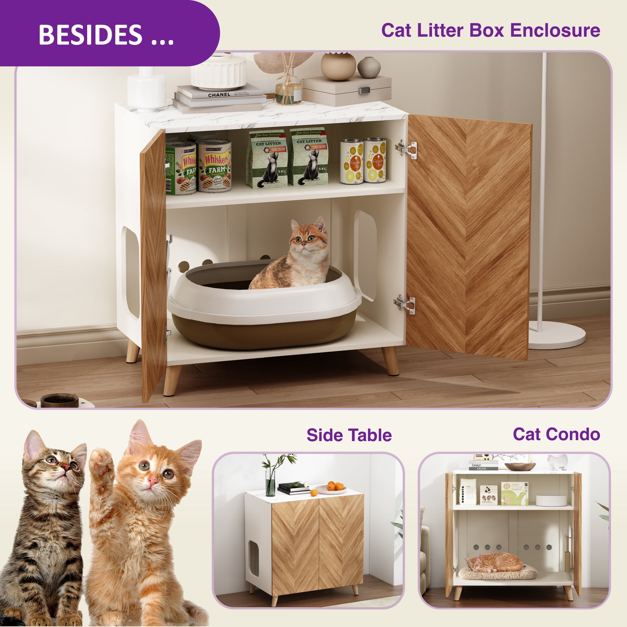 WHIFEA 32" Wooden Cat Litter Box Enclosure - Hidden Cat Washroom with Ventilation & Deep Design, Fits Most Litter Boxes for Living Room, Bedroom