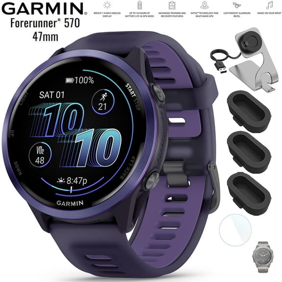 Garmin 010-02971-02 Forerunner 570 - 47mm GPS Smartwatch Aluminum and Purple/Indigo Band Bundle with Deco Essentials Charging Dock, Silicone Dust Cover 3 Pack and 1.4 Inch Screen Protector