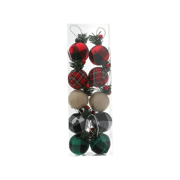 10Pcs Christmas Plaid Ball Ornaments, 1.97" Plaid Pinecone Christmas Balls, Red And Green Linen Cloth Wrapped with Pines Needles Christmas Box, for Holiday Gift, Xmas Tree Decor(B)