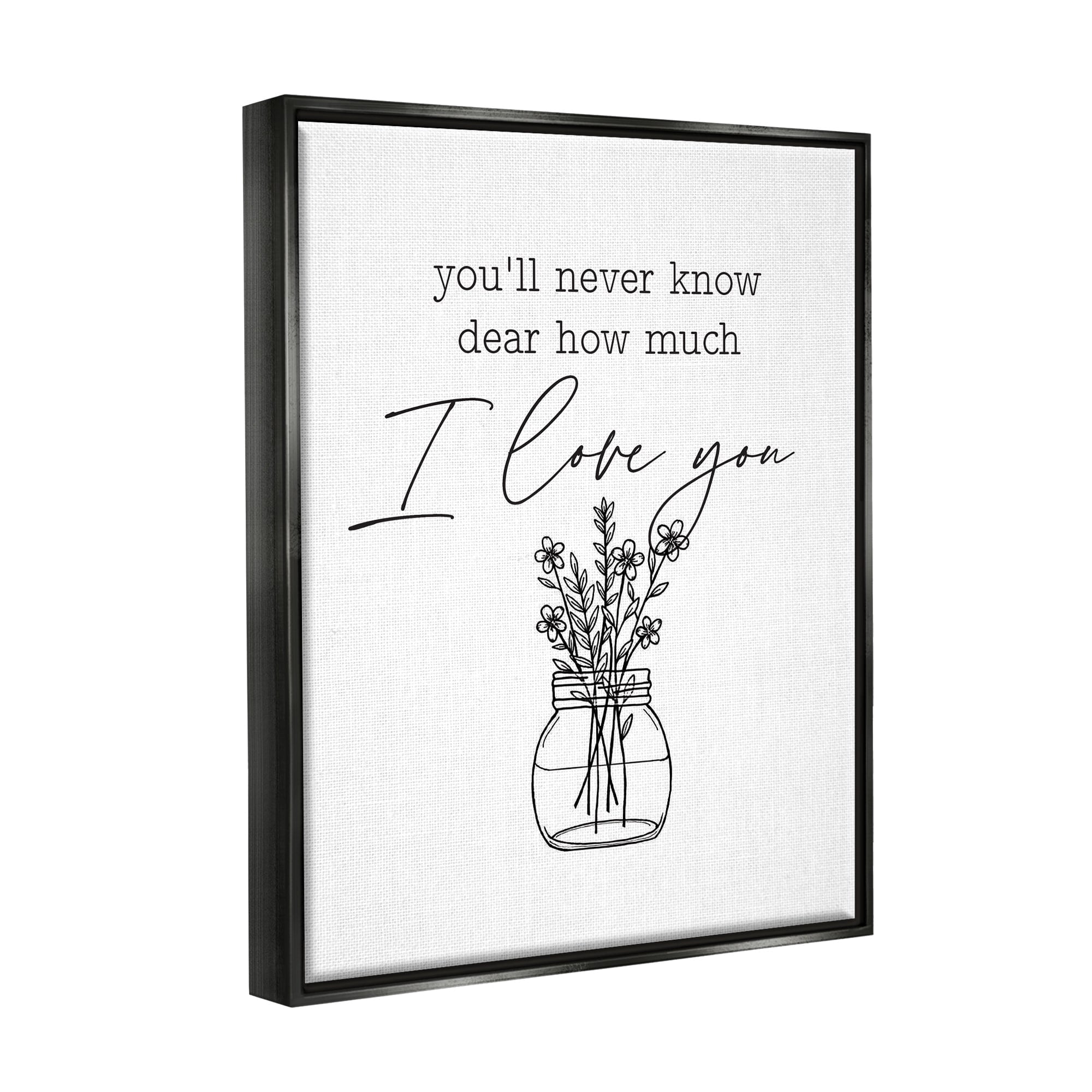 Stupell Industries I Love You Simple Daisy Botanical Outline Bouquet Graphic Art Jet Black Floating Framed Canvas Print Wall Art, Design by Lettered and Lined