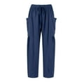 thumbnail image 4 of Gauze Pants for Women Plus Size Wide Leg Linen Ankle Length High Waisted Elastic Waist Gaucho Pants Petite Drawstring Work Trouserswith Pockets Dark Blue L, 4 of 9