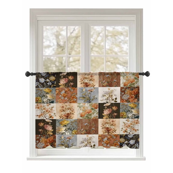 Sheer Curtains 54 Inch Length, Floral Patchwork Semi Sheer Curtains Light Filtering Window Treatment, Vintage Country Geometric Flower Privacy Voile Drapes for Living Room Bedroom 52x54 Inch