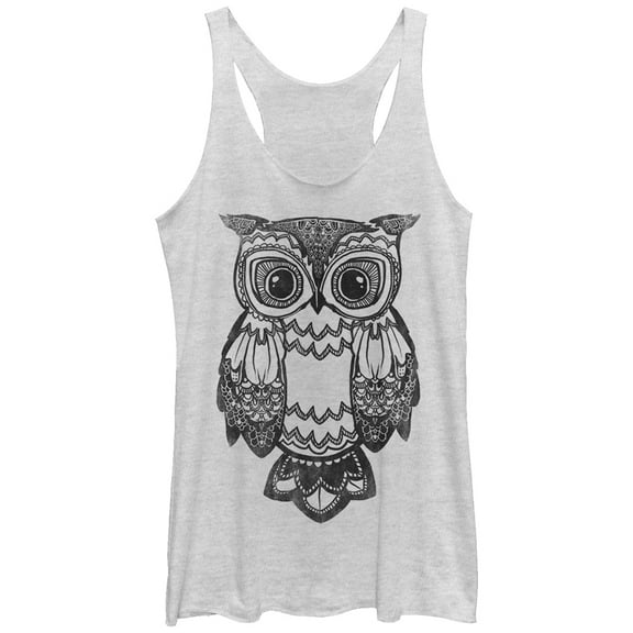 Women's Lost Gods Cute Owl Racerback Tank Top White Heather Small