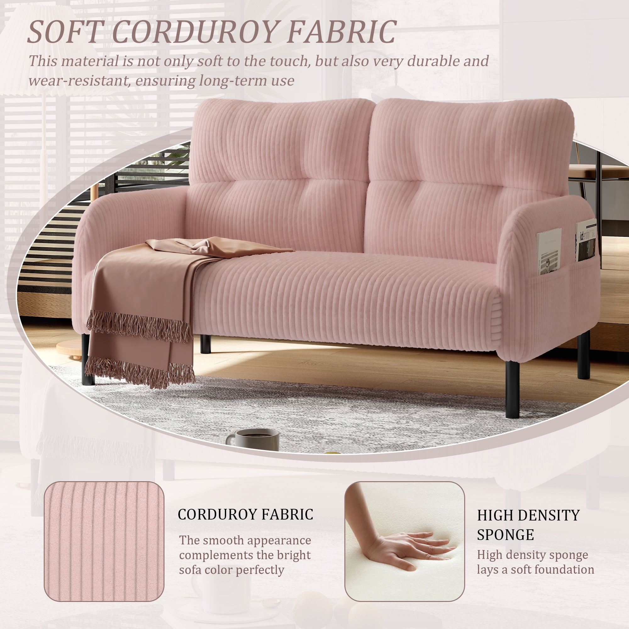Sofa for Living Room, Corduroy Sofa, Double Seater Sofa with Side Pockets and Ergonomic Support, High Density Foam, Modern Monochrome Design, Pink Corduroy Fabric