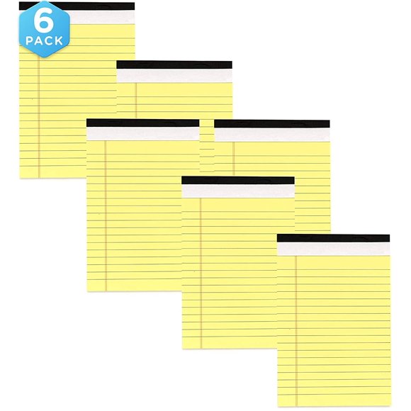 Emraw Jr. Legal pad, Legal/Wide Ruled Writing Pad. Perforated Edge. 5" X 8" Canary Yellow, Universal, Junior Size 50 Sheets per Pad (Pack of 6)