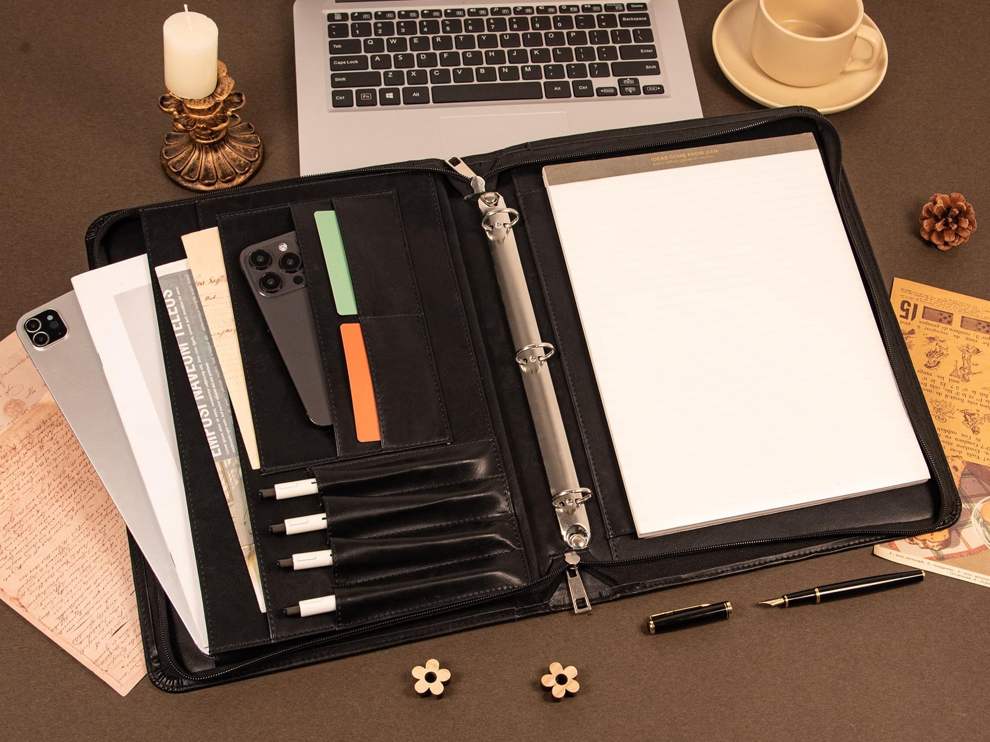 Premium Black Leather Business Binder – A4 Organizer with Pen Slots, Phone Holder & Multiple File Pockets – Perfect for Office, Meetings & Professionals