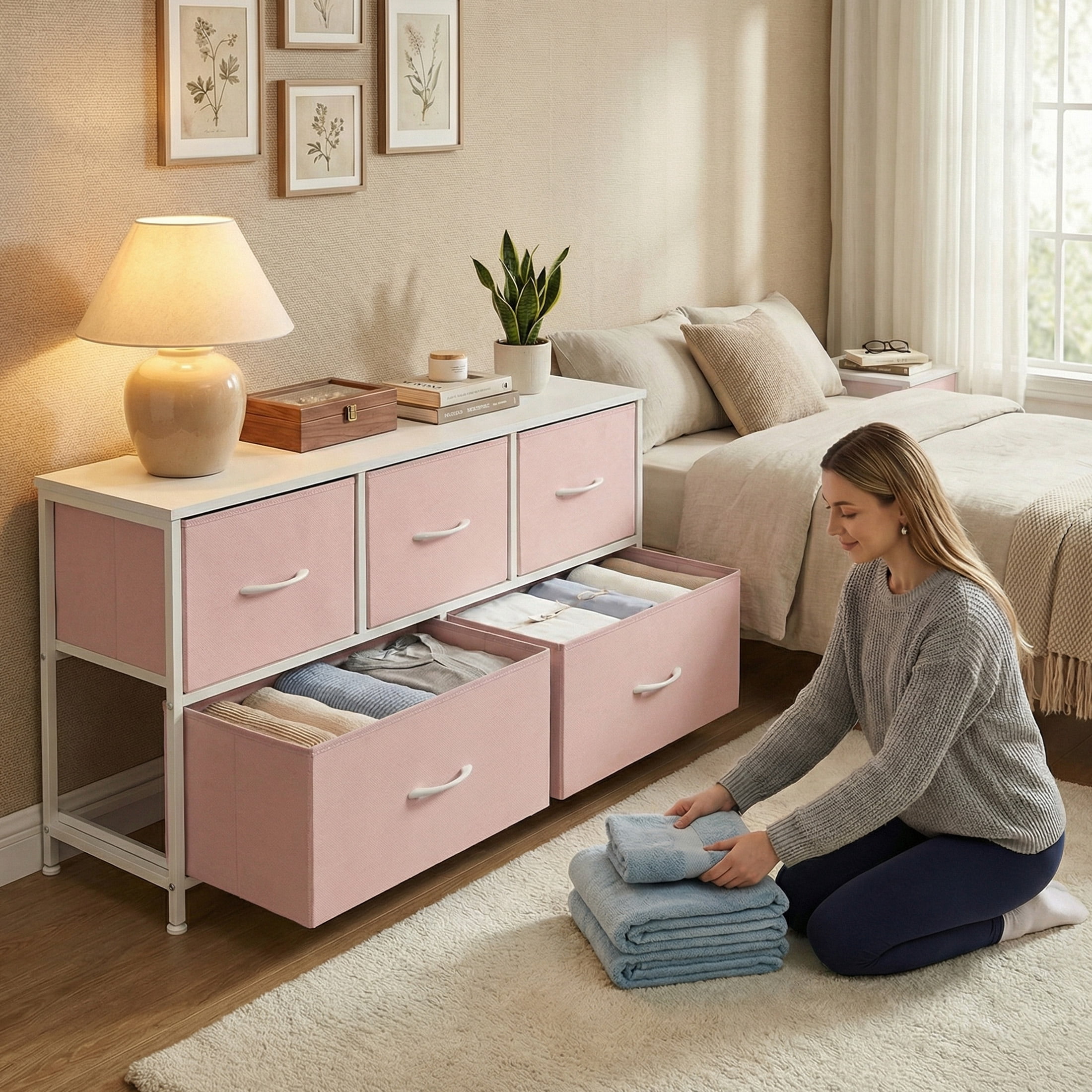 CONCETTA Dresser 5 Fabric Storage Drawer Dresser, TV Stand, Chest of Drawers for Bedroom, Closet, Entryway, Living Room, Pink