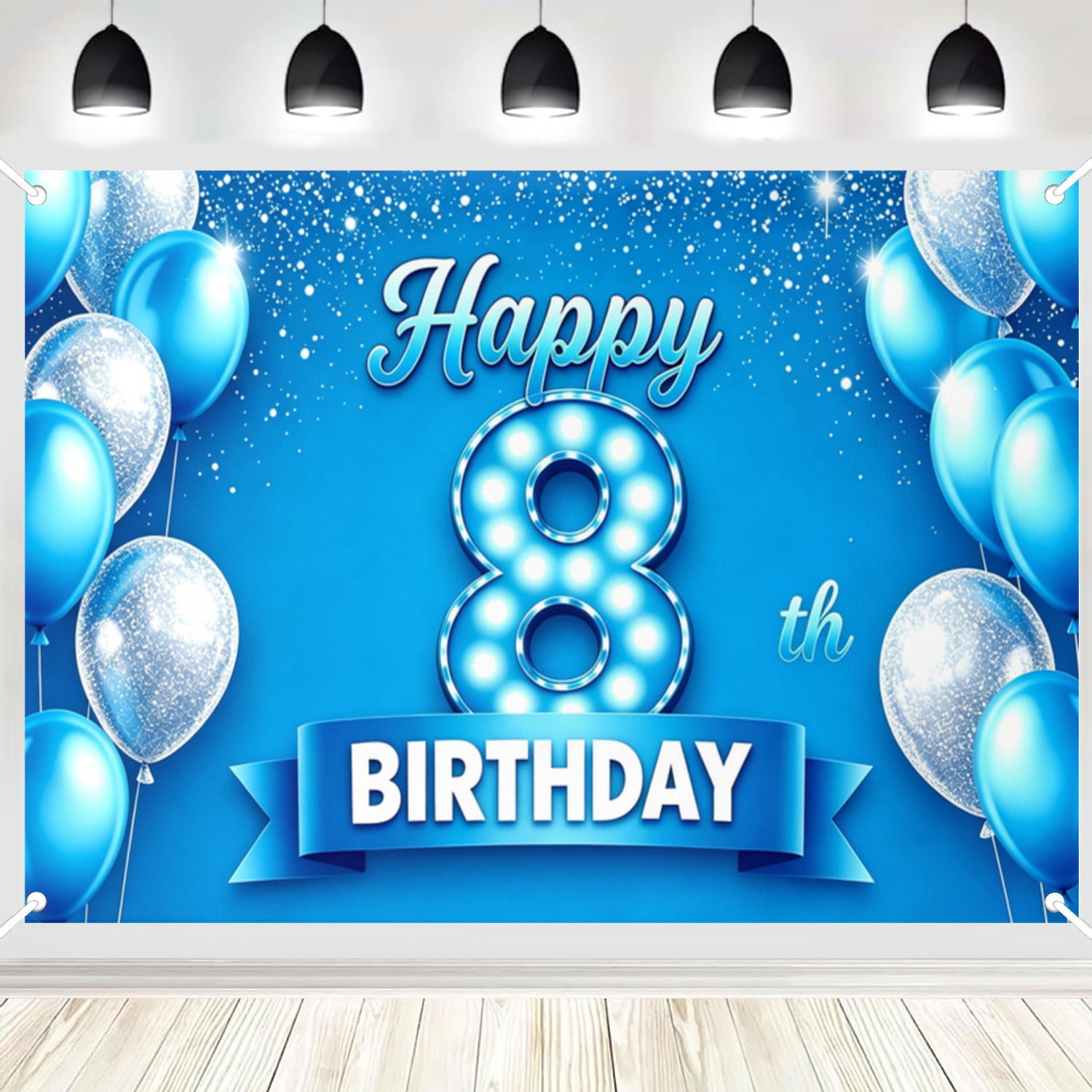 Happy 8th Birthday Blue Banner Backdrop Cheers to 8 Years Old Confetti Balloons Theme Decor for Birthday Party Bday Supplies Photo Background Favors Glitter 16x24in