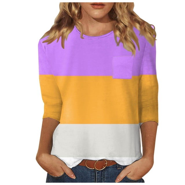 TSADFHJI Hauts Femmes Tendance 2024 Femmes Haut à Manches 3/4 Été Décontracté Polyvalent Régulier Simple Chemise Imprimée Col Rond Poche Chemise Décontractée Haut S Violet