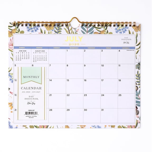 Blue Sky Day Designer 2026-2027 Monthly Academic Year Wall Calendar, July 2026 - June 2027, 11" x 8.75", Durable Twin Wire Binding, Perfect For Home, Office And Classroom, Flutter