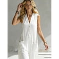 thumbnail image 4 of Women's Linen Jumpsuit Sleeveless V Neck Overalls Loose Button Down Wide Leg Jumpsuits Summer Casual Jumpsuit with Pockets White S, 4 of 6