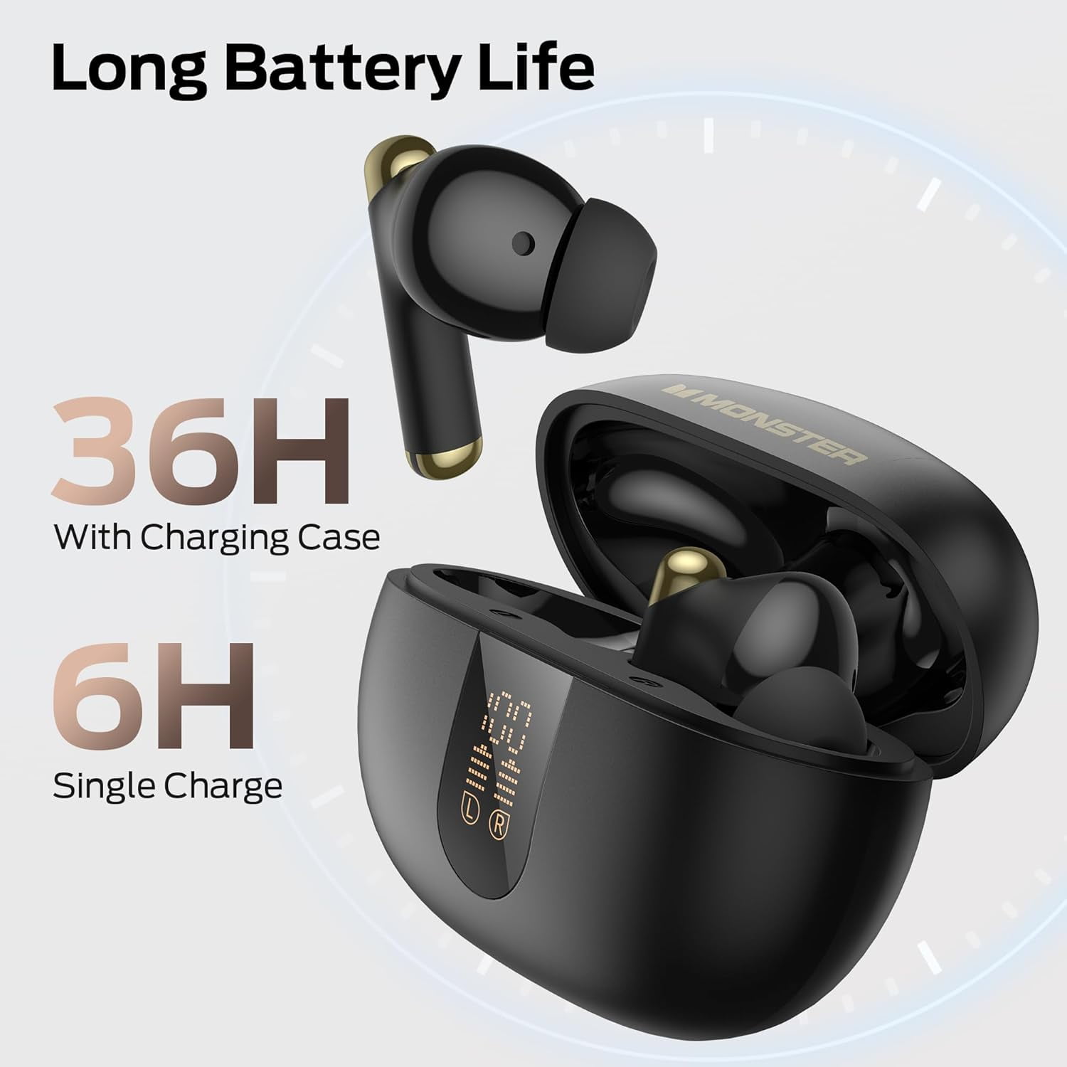 Monster Wireless Earbuds， Bluetooth 6.0 Stereo Headphones with Noise-Cancelling Mic and LED Display, Built-in Mic for Clear Calls, Waterproof Design for Sports