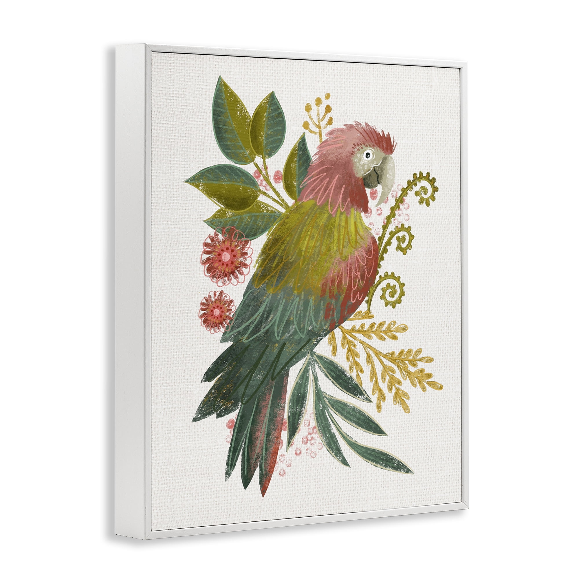 Stupell Industries Parrot with Eclectic Leaves Animals & Insects Painting White Framed Art Print Wall Art, 11 x 14
