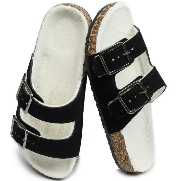 Northblanc Women's Sandals Cork Footbed Fur Lined Slides Double Adjustable Buckle Winter House Shoes