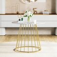 thumbnail image 3 of 35.43" Round Glass Dining Table, Marble Pattern Top and Cage-Like Metal Base, for Kitchen, Dining Room, Small Spaces, 3 of 6