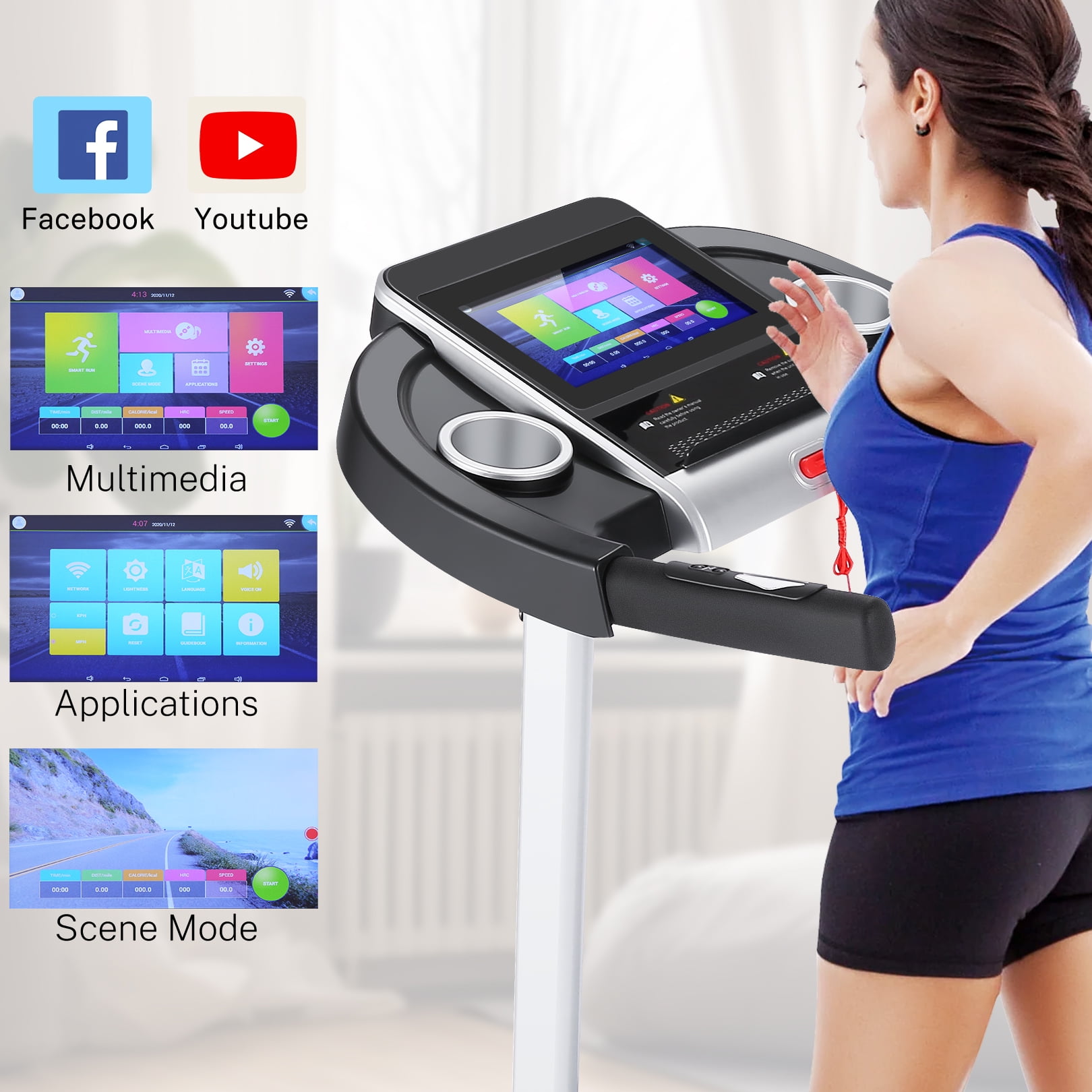 ADNOOM 3.25HP Treadmill with 10" HD TV Movie Touchscreen and 3D Virtual Sports Scene, Folding Running Machine for Home with Incline, WiFi Connection, Bluetooth Speakers, YouTube