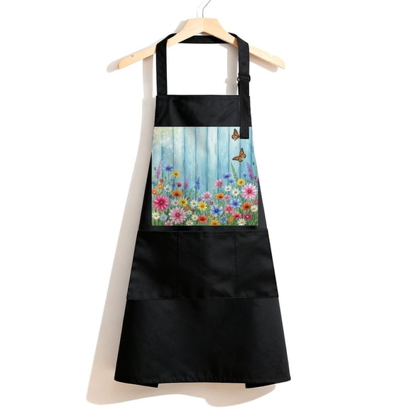 RKSupls Waterproof Bib Apron with 3 Pockets, Purple Floral Flowers，Pink Botanical Butterfly Adjustable Neck Strap Soft 100% Polyester Water Resistant Apron for Kitchen Restaurant Home Use