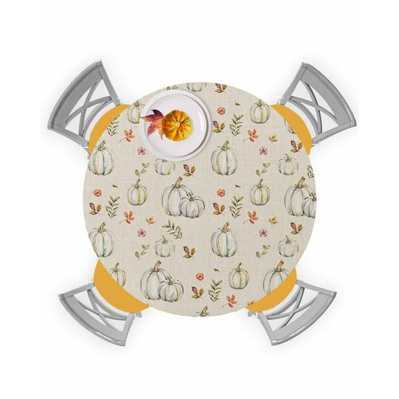Round Fitted Tablecloths with Elastic Edge Fall White Pumpkin Thanksgiving Oil-Proof Waterproof Wipeable Table Cover for Kitchen Dining Party Decor Autumn Leaves Vintage Linen Table Clothes,36" - 44"