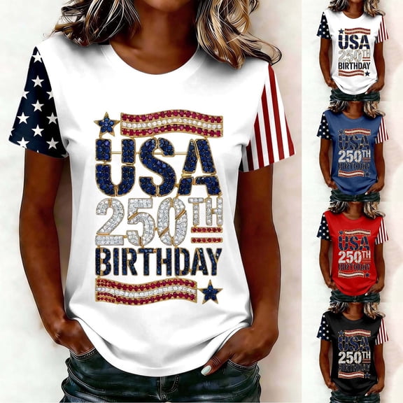 250 Anniversary Usa Shirt Summer Tops for Women Graphic Tees Stylish Printed Short Sleeve Round Neck Comfortable Casual Daily Everyday Wear