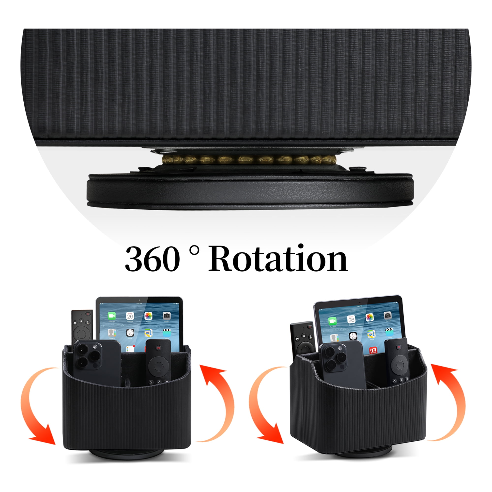 PU Leather Remote Control Holder, 360 Degree Rotating Desk Organizer Storage Table Remote Caddy, Spinning Bedside Organizer Nightstand Organizer for Desktop Office Home (Black)