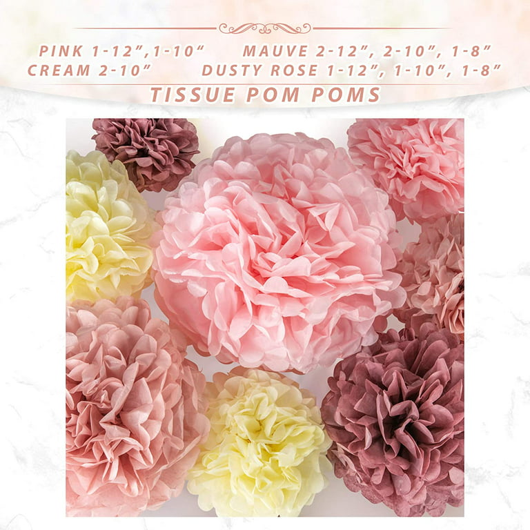 EpiqueOne 20 Pieces Blush Pink, Dusty Rose, Mauve, Cream Tissue Paper Pom Pom