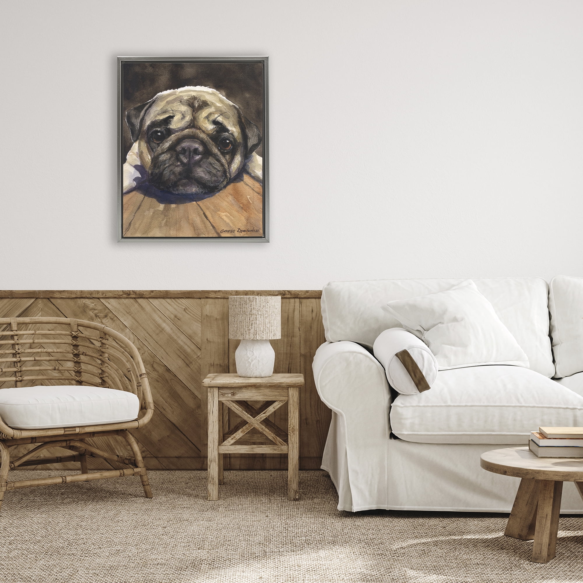 Stupell Industries Pug Soulful Portrait Gray Framed Floater Canvas Wall Art, design by George Dyachenko
