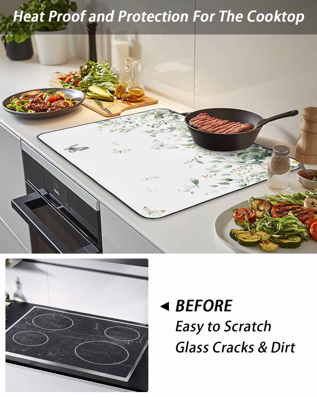 Stove Top Covers for Electric Stove, Eucalyptus Glass Stovetop Cover Protector, Butterfly Sage Green Leaf Farmhouse Plant Induction Cooktop Protector Oven Mat for Kitchen Countertop 24"x21"