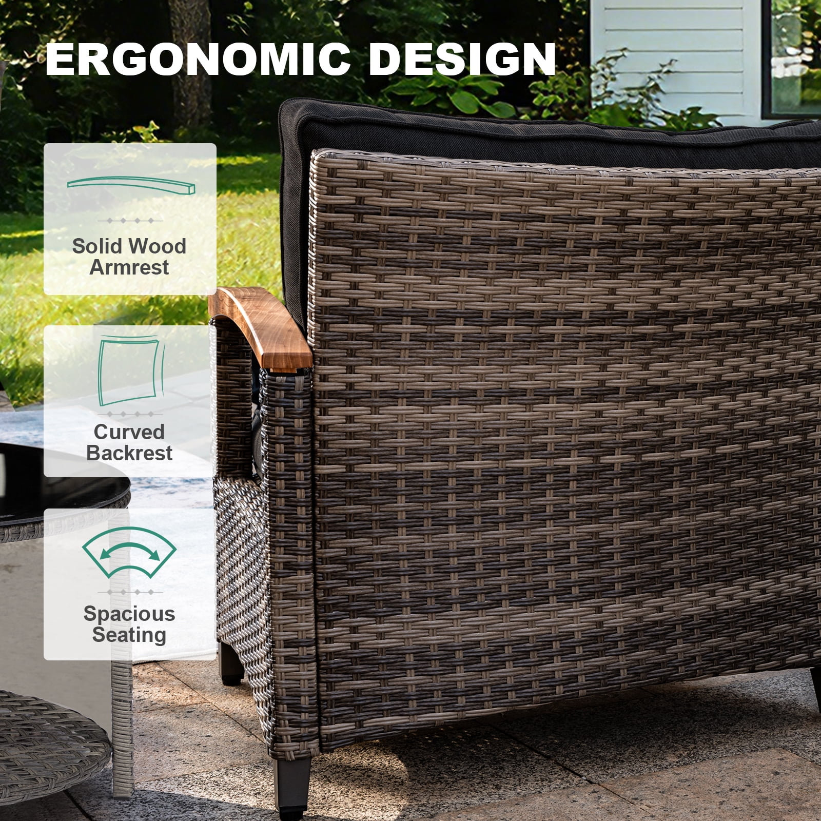 MEISSALIVVE 11-Piece Half-Moon Curved Outdoor Patio Furniture Set, Sectional Conversation Sofa with Wood Armrests, Round Coffee Table for Backyard Deck Garden, Red