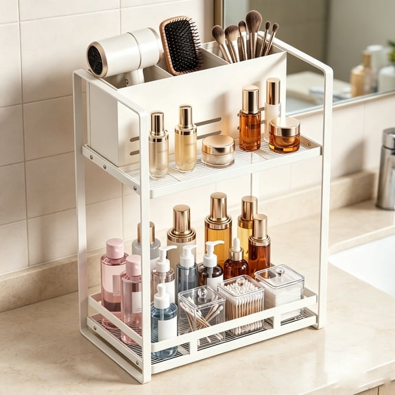 Finew 2-Tier Bathroom Counter Organizer with Blow Dryer Holder, Vanity Organizer for Makeup and Skincare Storage, Counter Shelf for Bathroom, White