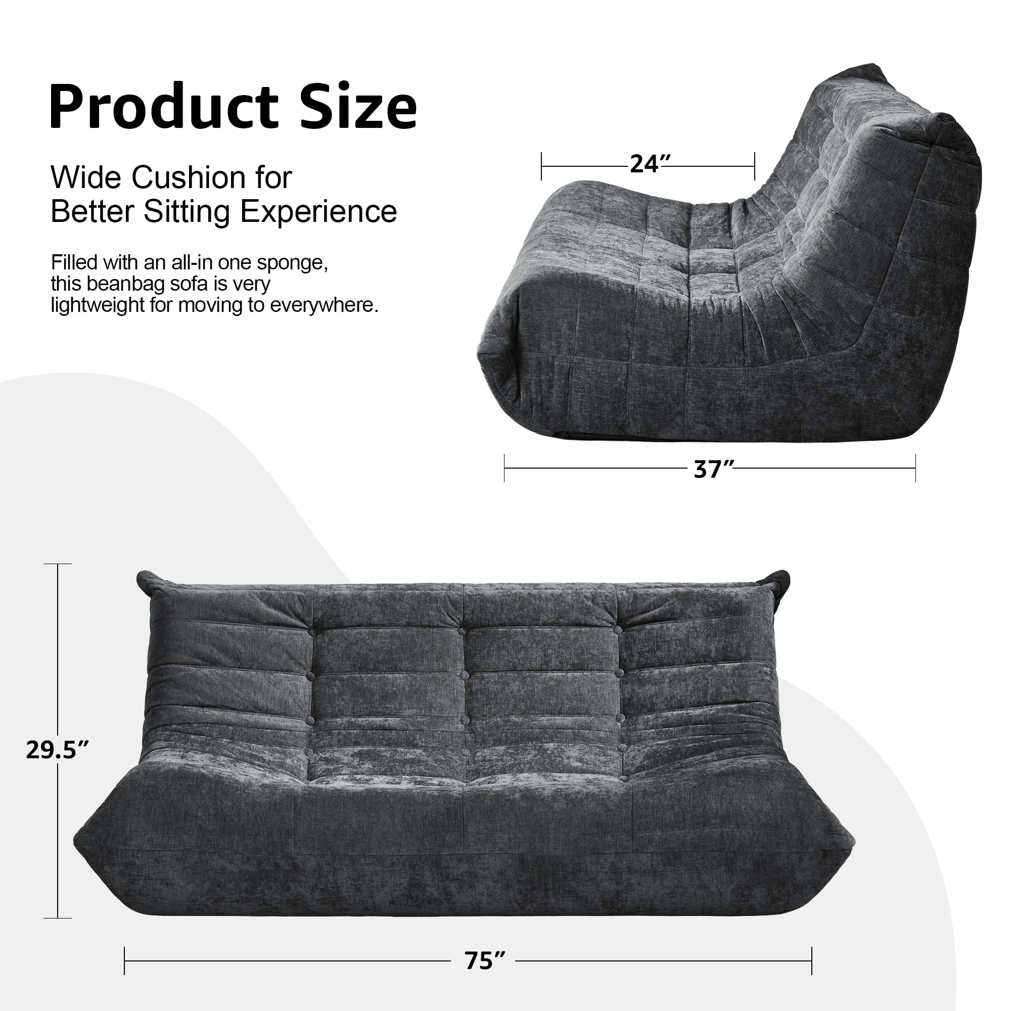 Bean Bag Chairs for Adults Giant Bean Bag Chair Memory Foam BeanBag Chair Bean Bag Sofa with Filler Faux Fur Fireside Beanbags Lazy Sofa for Living Room Bedroom Office (Darkgrey Chenille, 3-Seater)