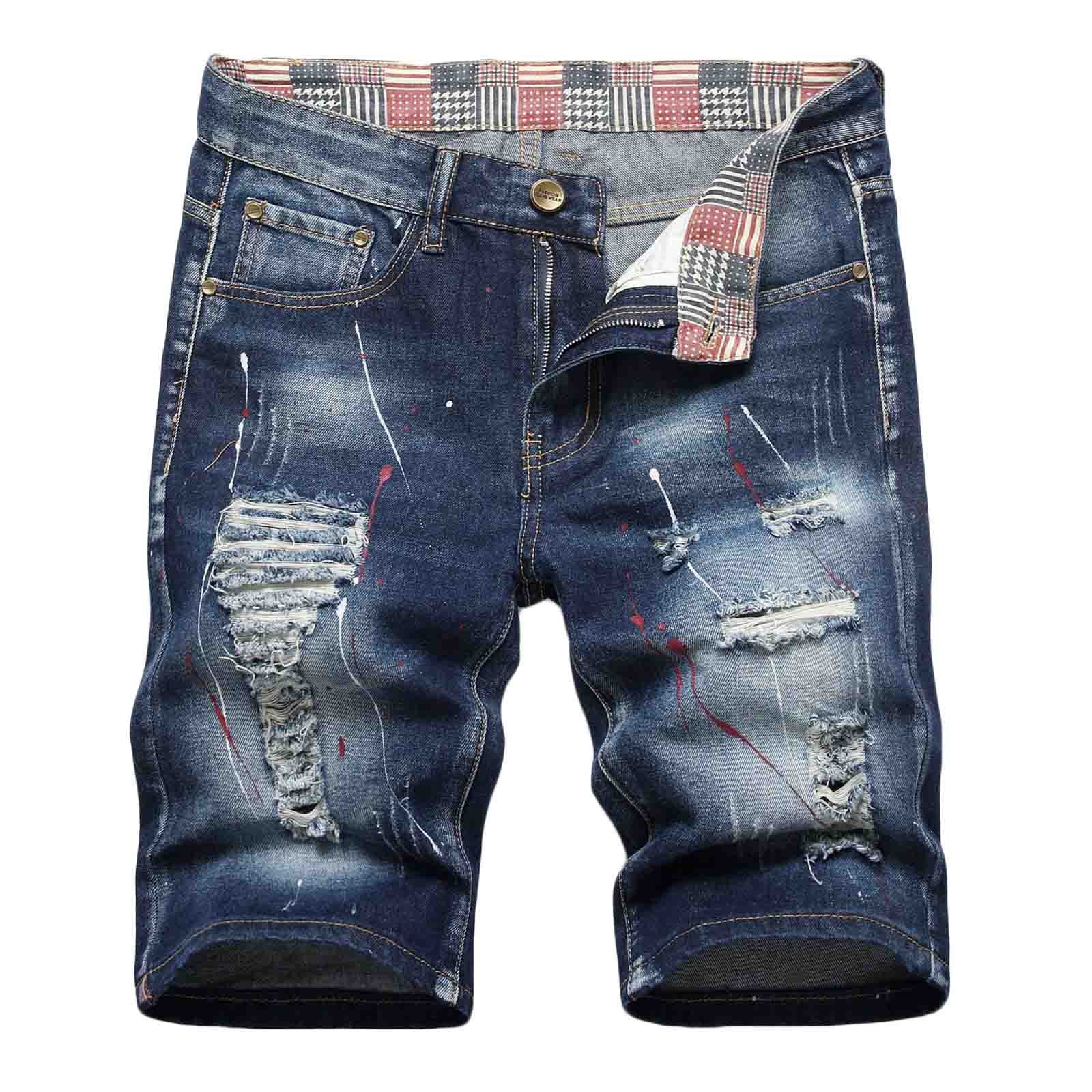JNGSA Men's Ripped Denim Shorts & Jeans Micro Stretch Shorts Zipper