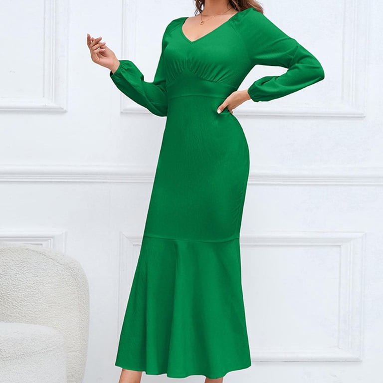 HAPIMO Women's Tea Length Mermaid Dress Solid Color Elegant Casual High  Waist Long Sleeve Spring V Neck Trendy Green L - Walmart.com