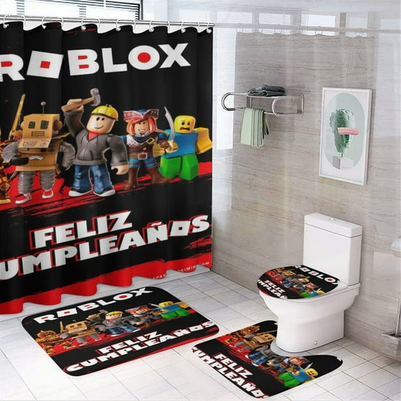 Roblox Power 4 Pcs Shower Curtain Sets Non-Slip Rugs Bath Mat Toilet Cover U Shaped Mat for Bathroom Decor Bathroom Set 72" X 72"