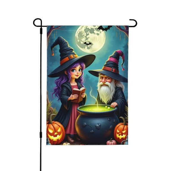 Halloween Witch Garden Flag Double Sided 12x18 Inch Spooky Witch And Wizard Autumn Yard Flag Outdoor Decoration For Halloween Party Farmhouse Decor Fall Season