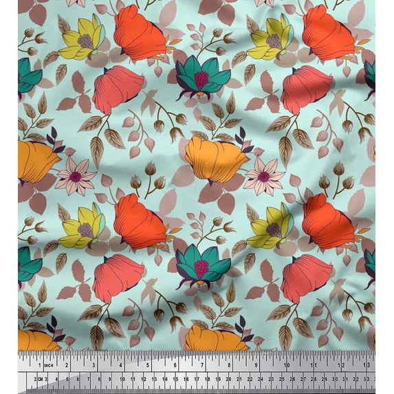 Soimoi Satin Silk Fabric Leaves & Floral Artistic Fabric Prints By Yard 42 Inch Wide