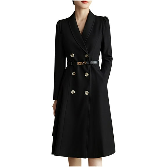 Women's Waisted Temperament Double Breasted Suit Dress Long Sleeve Lapel Pockets Dresses With Belt
