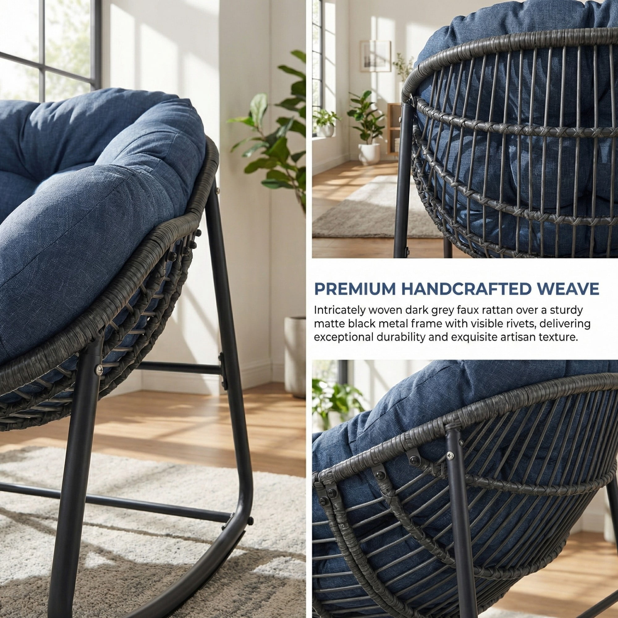 Outdoor Papasan Rocking Chair, Oversized Egg Rocking Chair with Cushion, Wicker Rattan Patio Rocker, Indoor Outdoor Lounge Chair for Porch Garden Living Room, Navy Blue