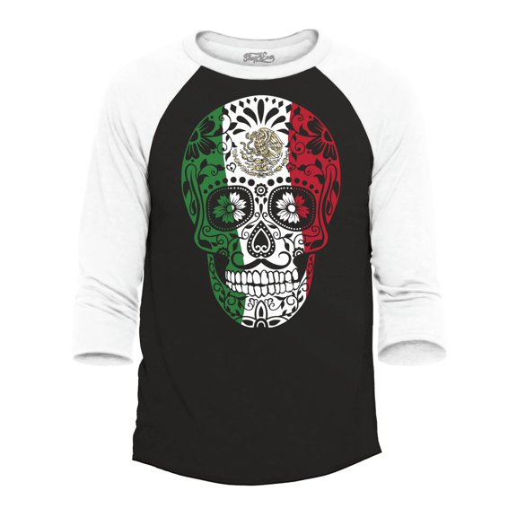 Shop4Ever Men's Mexico Flag Skull Day of the Dead Raglan Baseball Shirt XX-Large Black/White